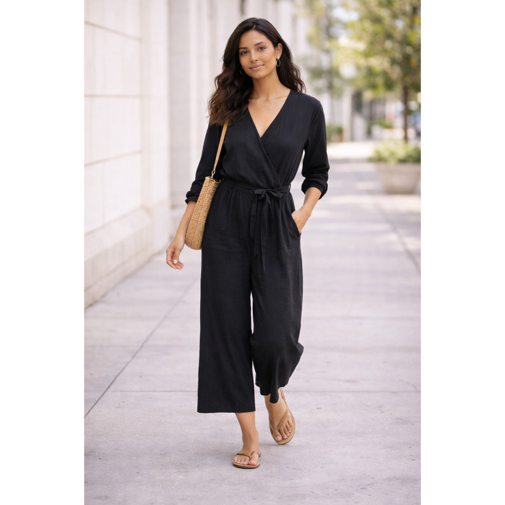 Old Navy Black Wrap Jumpsuit M Wide Leg Linen Blend Minimalist Core